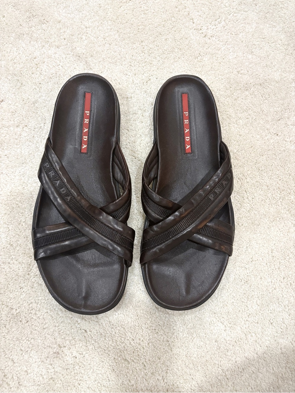 Prada Men's Brown Leather Cross-Strap Slide Sandals Size 9